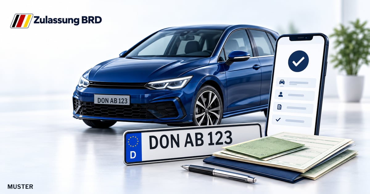 Online Fahrzeugzulassung in Donauwörth: Musterkennzeichen DON AB 123, Auto und Fahrzeugpapiere und Smartphone. Illustration mit Logo von Zulassung BRD.